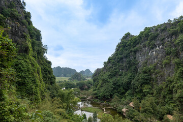 Ninh Binh landscape in Vietnam. Popular for boat tour, karst landscape and river