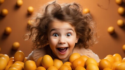 Fototapeta na wymiar Cute little girl with surprised face holding pink easter eggs near eyes on orange background