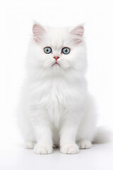 Fluffy white kitten with piercing eyes, radiating innocence and curiosity, on a clean white background