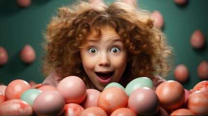 Fototapeta na wymiar Cute little girl with surprised face holding pink easter eggs near eyes on green background