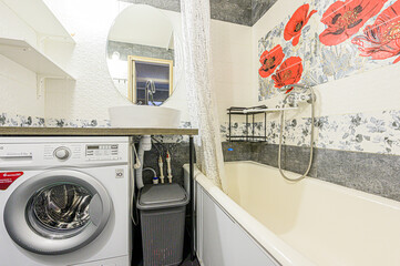 interior apartment room bathroom, sink, decorative elements, toilet. WC, sanitary unit, wash room