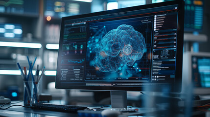 A close-up view of a high-definition monitor showing an AI diagnostic algorithm at work analyzing and highlighting intricate details of a patients medical scans with precision amidst a high-tech lab