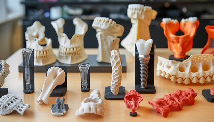 A collection of various custom-made prosthetics and implants displayed on a table showcasing the wide range of customization possible through 3D printing technology from dental implants to