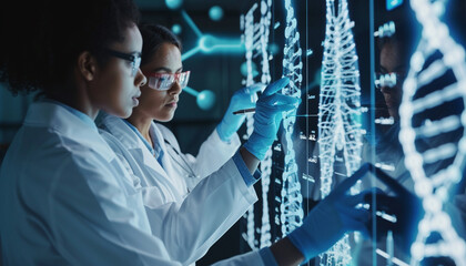 A collaborative medical team discussing over a holographic display of genomic data indicating potential genetic predispositions and crafting tailored healthcare strategies