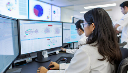 A collaborative workspace where researchers utilize machine learning models on large datasets to predict disease outcomes and treatments showing interactive dashboards and predictive analytics in
