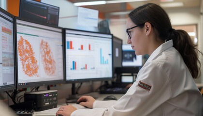 A collaborative workspace where researchers utilize machine learning models on large datasets to predict disease outcomes and treatments showing interactive dashboards and predictive analytics in