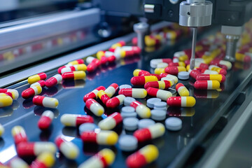A cutting-edge pharmaceutical lab with a 3D printer producing customized medications showcasing capsules and tablets being printed on demand highlighting the precision and customization of drug