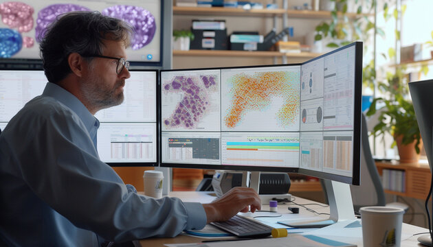 A collaborative workspace where researchers utilize machine learning models on large datasets to predict disease outcomes and treatments showing interactive dashboards and predictive analytics in