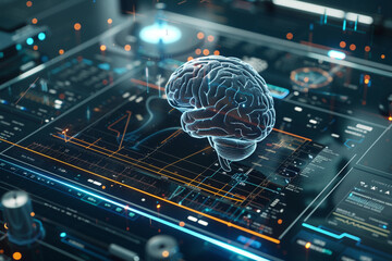 A futuristic visual metaphor of AI and machine learning in healthcare depicting a digital brain seamlessly integrated with medical diagnostic tools illustrating the concept of AIs role in