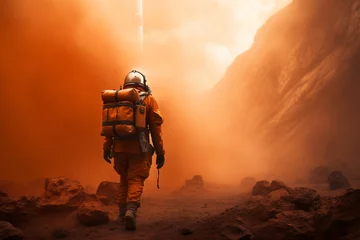 Photo sur Plexiglas Moto a person in an orange suit walking on a rocky path