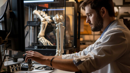 A medical engineer analyzing the 3D model of a prosthetic limb on a computer screen with the 3D printer in the background actively printing the prosthetic parts emphasizing the customization process