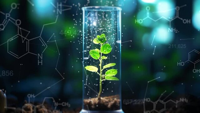 Agricultural technologies for growing plants and scientific research in the field of biology and chemistry of nature. Living green leaf with scientific data . Organic digital background