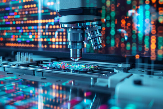 A high-tech genomic sequencing machine processing DNA samples with close-up views of the intricate machinery and digital screens displaying genetic sequences emphasizing the precision of genomic