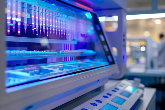A high-tech genomic sequencing machine processing DNA samples with close-up views of the intricate machinery and digital screens displaying genetic sequences emphasizing the precision of genomic