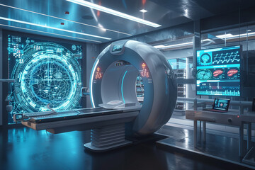 A state-of-the-art healthcare facility utilizing AI and machine learning for diagnostics showcasing a futuristic diagnostic room with advanced imaging equipment and monitors displaying complex
