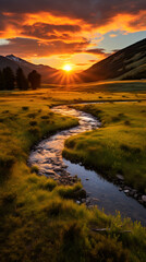 Untamed Grandeur: A Dusk Scene of a Meadow with Meandering Stream, Majestic Trees, and a Solitary Mountain