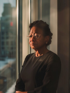 65 year old African American woman alone looking out the window