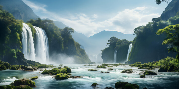 Panoramic view of beautiful waterfall in the forest. Toned.