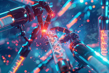 A stylized futuristic scene where robotic arms are 3D printing medications directly from digital prescriptions surrounded by glowing data streams representing the digital transformation of