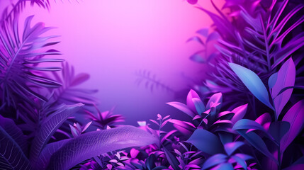 Fototapeta na wymiar Surreal tropical plants against a mystical purple backdrop, showcasing intricate details of leaves and flowers, evoking a sense of serene beauty and mystery. Copy space in the centre.