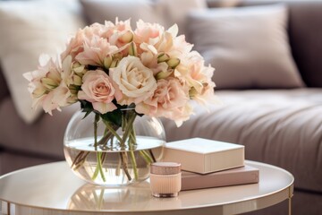 Obraz premium A cozy interior with soft natural light, a bouquet flowers on the coffee table