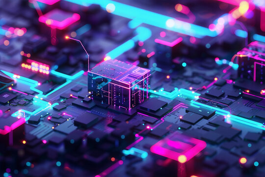 A stylized digital landscape of a secure blockchain network with patient data blocks being shielded by cryptographic algorithms representing the enhancement of patient data confidentiality in a