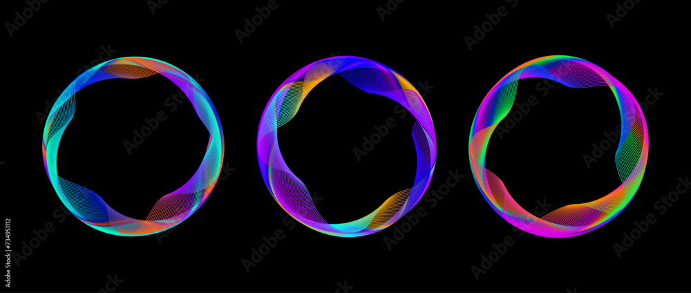 Aufkleber Neon iridescent blend circle line set. Shimmering glowing round tech frame collection. Curved wavy circles on black background. Rainbow gradient circular border pack. Vector design element bundle