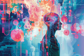 An abstract vibrant artwork depicting the flow of medical data through an AI neural network leading to the early detection of diseases The illustration uses symbolic elements to