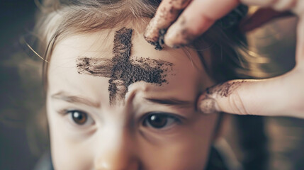 A little girl receives ashes in the form of a cross from a priest to celebrate Ash Wednesday. The beginning of Catholic Lent before Easter