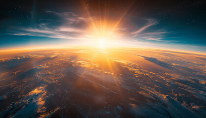 Fototapeta premium The sun rising over the curvature of the Earth illuminating the sky from space with a breathtaking palette of colors from deep blues to vibrant oranges highlighting the beauty of the sky at dawn