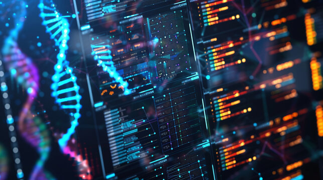 Detailed view of a computer interface used by geneticists showing a complex genome mapping software with colorful DNA strands without displaying any personal identity in a modern research lab