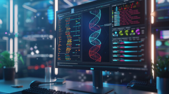 Detailed view of a computer interface used by geneticists showing a complex genome mapping software with colorful DNA strands without displaying any personal identity in a modern research lab