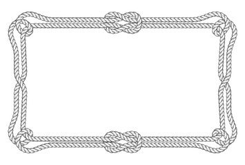 Square rope frame with corner loops, double border and knots, marine frame, vector
