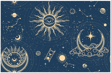 Seamless mystic pattern with sun, moon and stars, cosmos background in tarot style, space and abstract astrology magic sky, vector