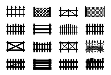 Fences set, picket, wooden and wire garden fence, park or yard obstruction, vector