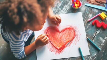 A child draws a bright red heart, a symbol of love, a holiday card for Mother's Day, March 8. Children's imagination