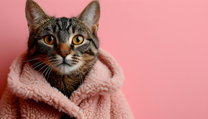 Cute  cat in pink coat   on pink  background.