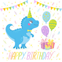 Birthday greeting card with cute hand drawn dinosaur in festive cone, gifts, balloons, confetti. Funny smiling dino character in cartoon style. Good for baby posters, greeting cards, invitations