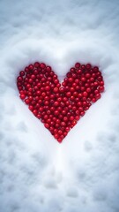 Fototapeta premium Heart shape made of red cranberries on white snow.