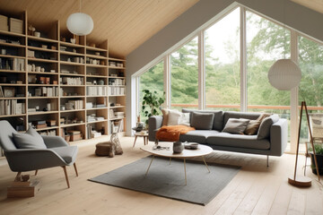 Modern Scandinavian Living Room with Large Bookshelf and Forest View