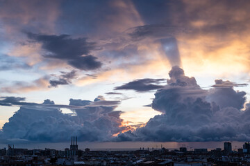 View of cloudy sky at sunrise in the city of Barcelona (Spain)