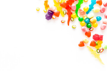 Colorful candies and gummies jelly background. Sweet food and candies pattern