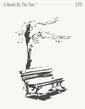 A drawing of a bench under a tree. Hand drawn vector illustration, sketch.