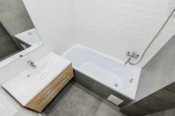 interior apartment room bathroom, sink, decorative elements, toilet. WC, sanitary unit, wash room