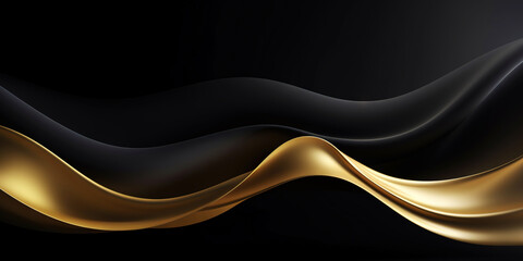 Abstract background with realistic golden and black wavy fluid shape. Interwined gold stripes. Generative AI