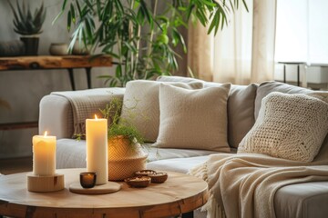 Modern boho interior of living room in cozy apartment. Simple cozy living room interior with light gray sofa, decorative pillows, wooden table with candles and natural decorations
