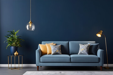 empty mockup luxury sofa with lamp in living room interior design on dark blue painted wall background. modern living room with sofa - obrazy, fototapety, plakaty