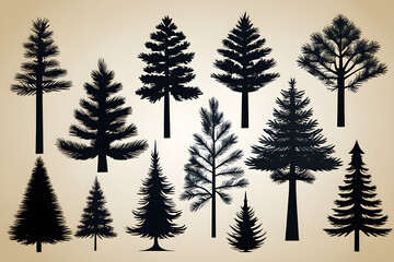 set of silhouettes of trees. illustration of pine silhouette