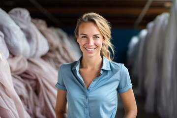 Spacious and well-lit dry cleaning shop with smiling woman holding a packaged shirt
