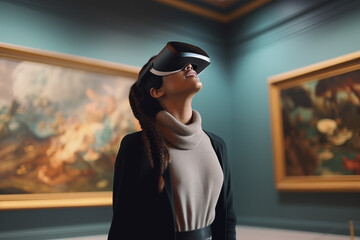 Woman using virtual reality goggles in a museum - obrazy, fototapety, plakaty